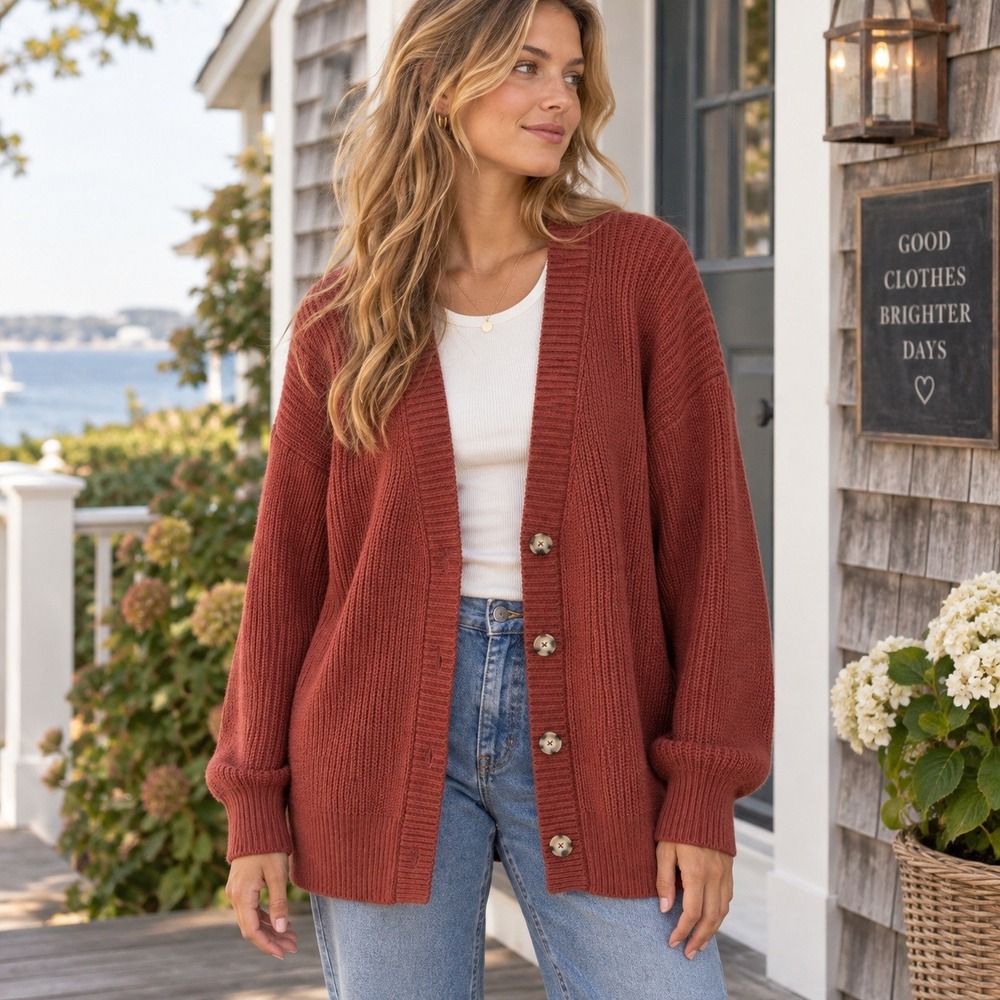 Faherty Womens Shaker Stitch Cardigan Sz L Henna Chunky Oversized Fisherman Boho